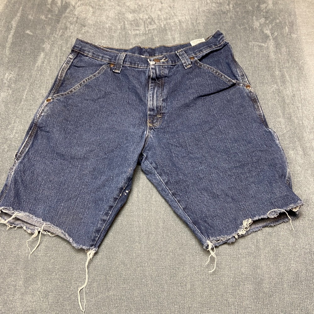 Wrangler Carpenter Shorts Men 32 Blue Denim Stretch Utility Workwear Hammer Loop